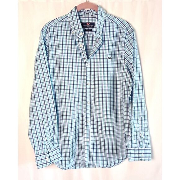 Vineyard Vines Poplin Tattersall Whale Shirt Blue Check Cotton Men’s Small S - Picture 2 of 5